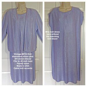 VTG MITA Knit sleeveless dress & 3/4 sleeve blazer 40" bust, Made in USA, Violet